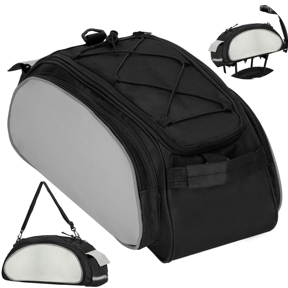 Geanta portbagaj bicicleta, 1 compartiment si 3 buzunare laterale, 40x20x17cm, negru cu elemente reflectorizante gri