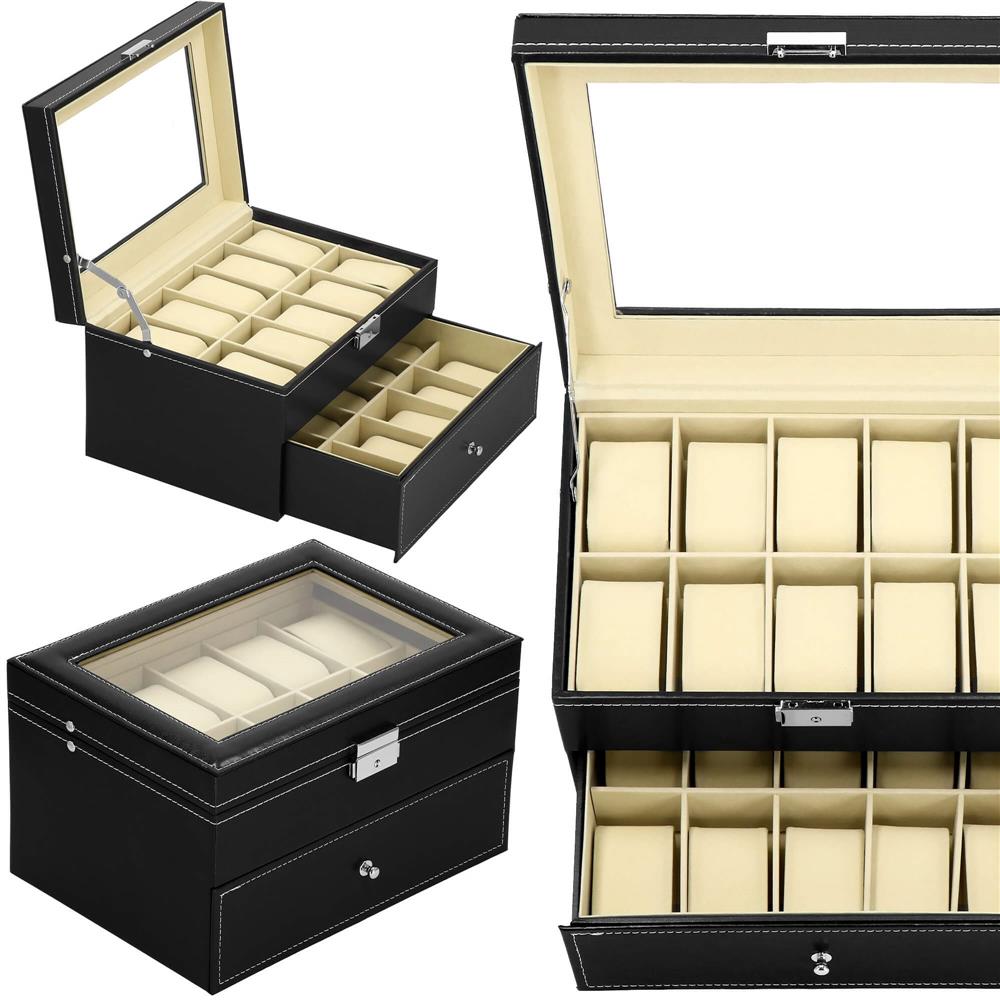 Cutie depozitare si organizare ceasuri, MDF, piele ecologica, 28x20x16,5cm, negru interior crem