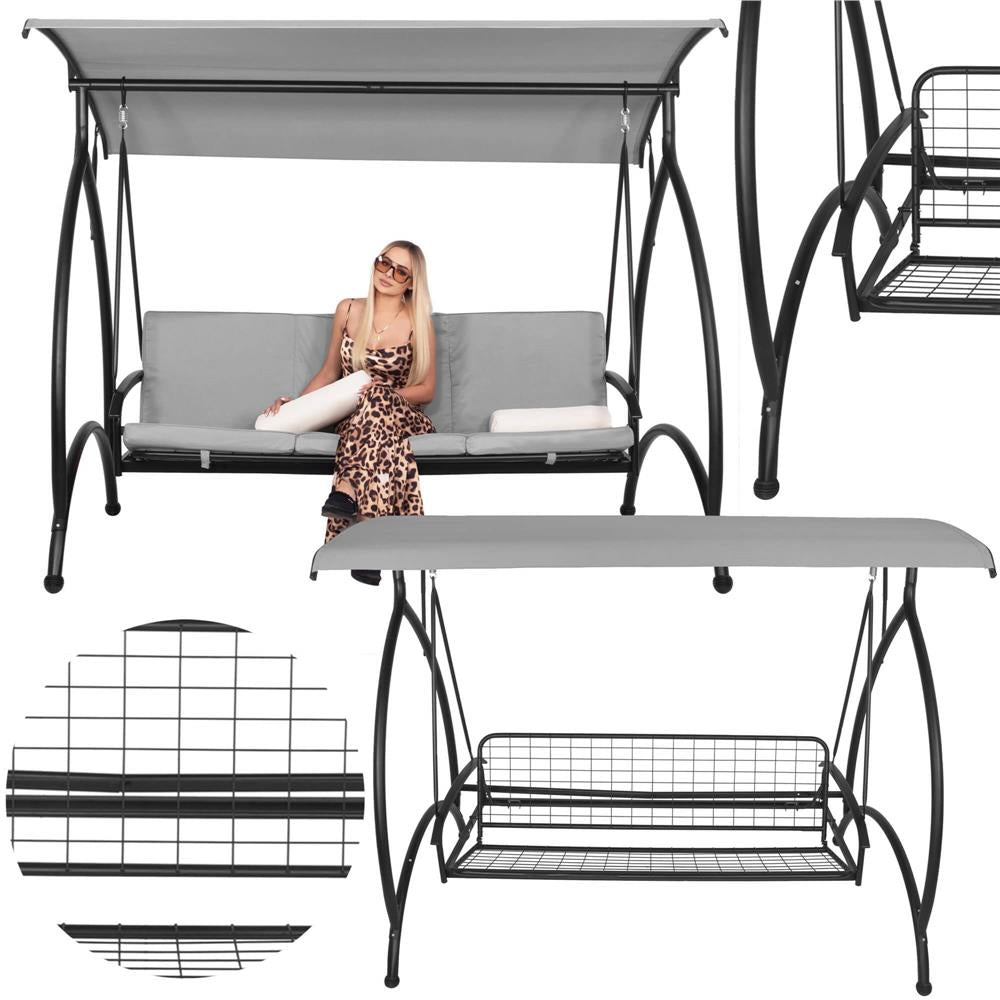 Balansoar gradina 230x136x190 cm, 2 in 1 leagan si pat, copertina reglabila, saltea si perne incluse, cadru otel, gri si ecru