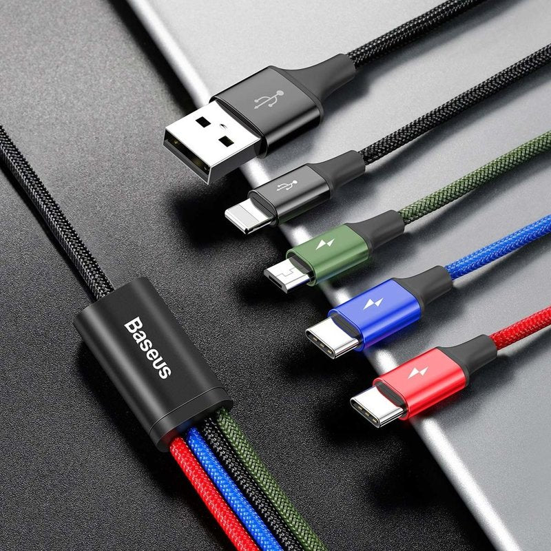 CABLU alimentare si date Baseus, Fast Charging Data Cable pt. smartphone, 4 in 1, USB la 2 x USB-C /1 x Lightning / 1 x microUSB, 1.2m, braided, negru "CA1T4-B01" (include TV 0.18lei) - 6953156278493