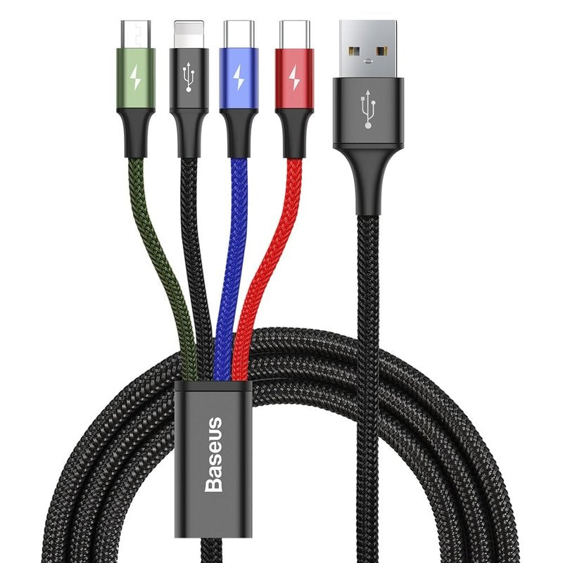 CABLU alimentare si date Baseus, Fast Charging Data Cable pt. smartphone, 4 in 1, USB la 2 x USB-C /1 x Lightning / 1 x microUSB, 1.2m, braided, negru "CA1T4-B01" (include TV 0.18lei) - 6953156278493