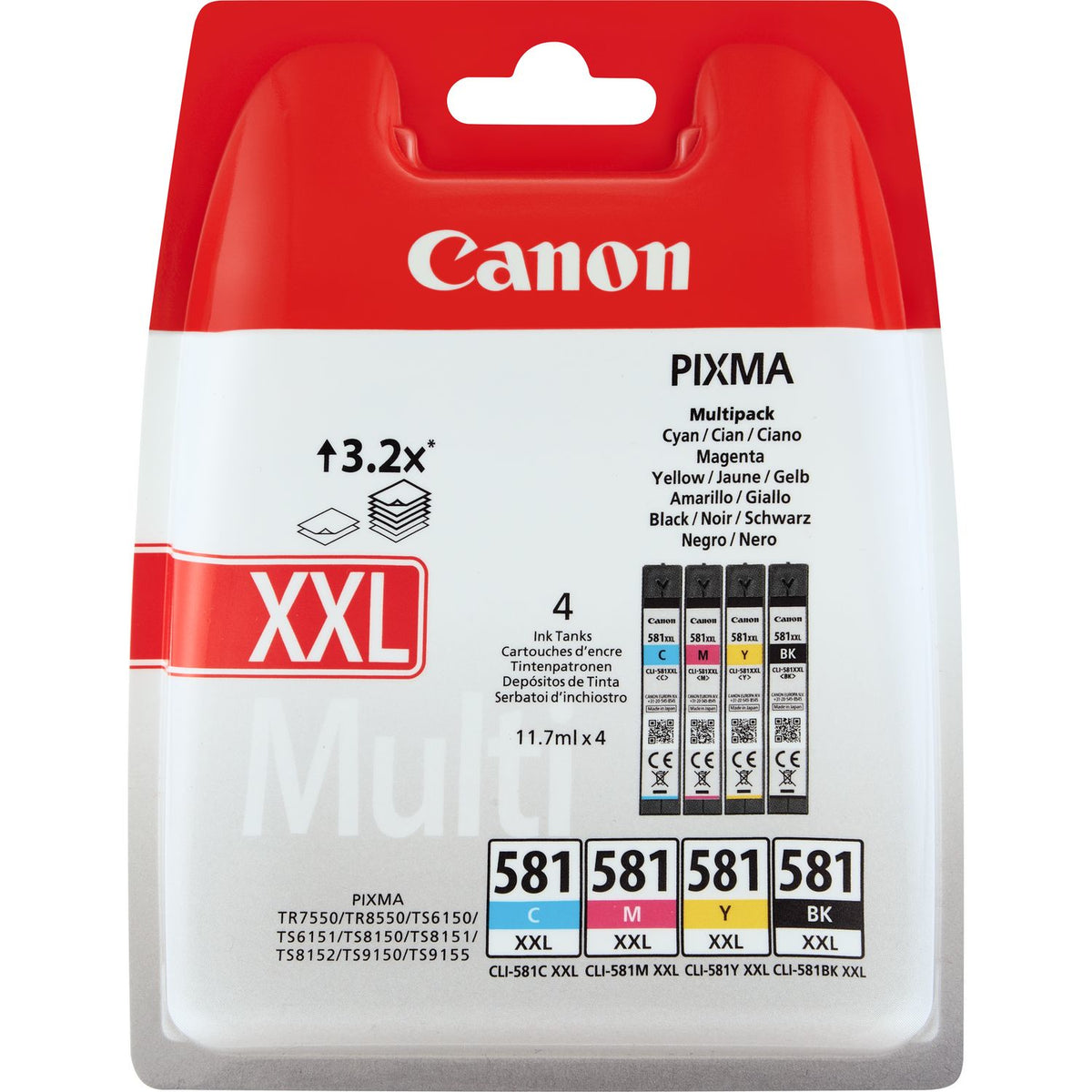 Combo-Pack Original Canon CMYK, CLI-581XXL CMYK, pentru Pixma TR7550|TR8550|TS6150|TS6250|TS705|TS8150|TS8250|TS9150|TS9155|TS9550,, 