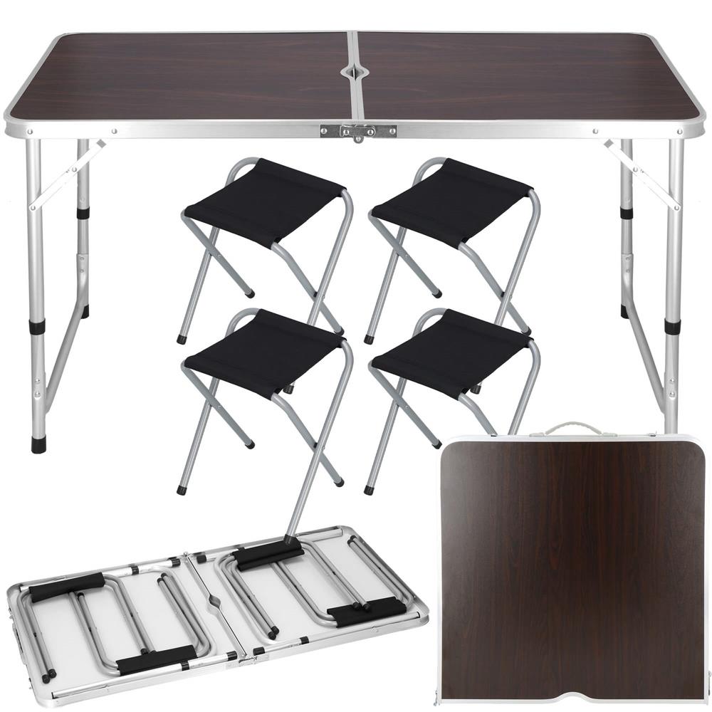 Set masa camping pliabila blat MDF cu 4 scaune, 120x60x60/70cm, Maro Negru