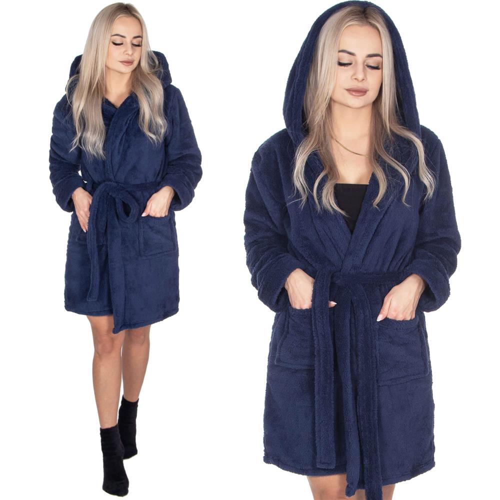 Halat de baie pentru femei pana la genunchi, cu gluga, marimea L/XL, albastru marin
