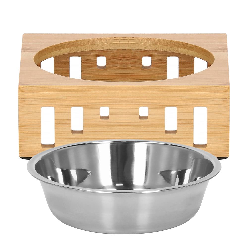 Castron inox, bol, pentru caine sau pisica, cu suport din bambus, 15cm