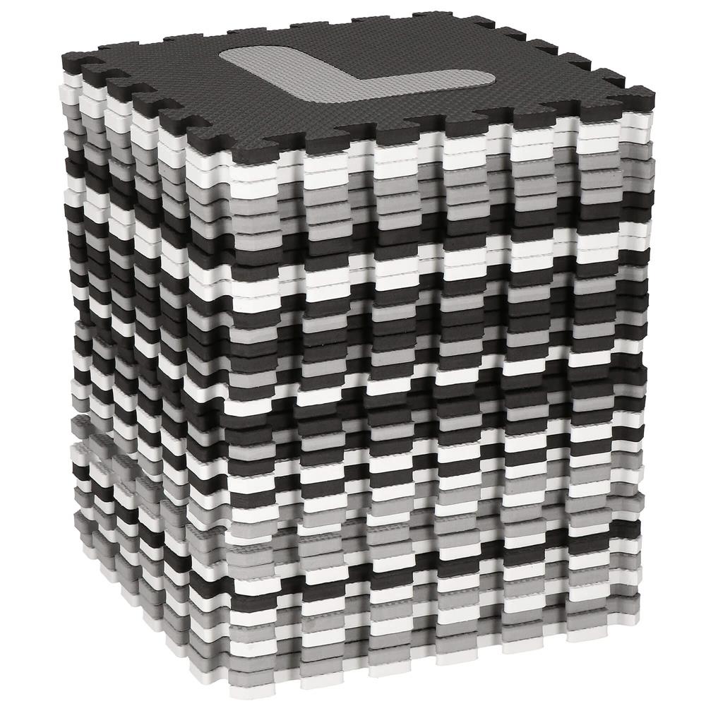 Covor din spuma pentru copii, tip puzzle alfabet si numere, 110 piese, termoizolant, 175x175 cm, negru, gri