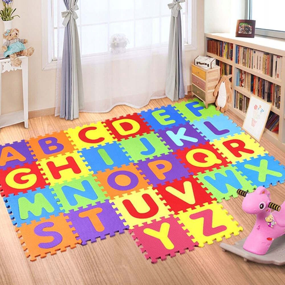 Covor din spuma pentru copii, tip puzzle alfabet, 61 piese, termoizolant, 170x150 cm, multicolor