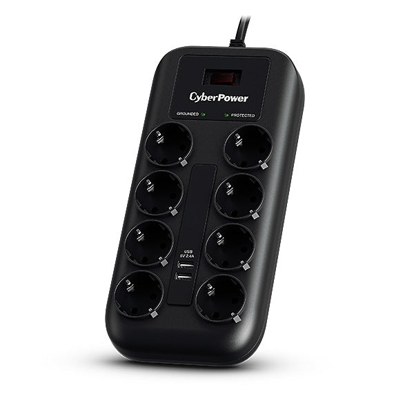 PRELUNGITOR CYBER POWER, Schuko x 8, conectare prin Schuko (T), USB x 2, cablu 1.8 m, 10 A, protectie supratensiune, negru, "P0820SUF0-DE"