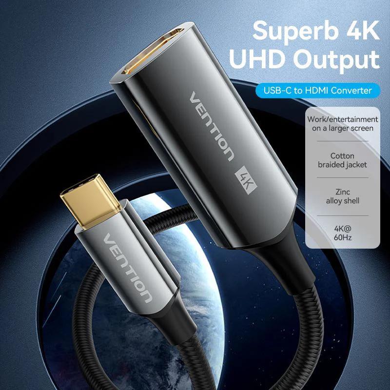 Adaptor video Vention, USB-C (T) la HDMI (M), 0.25m, rezolutie 4K la 60Hz, conectori auriti, gri, 
