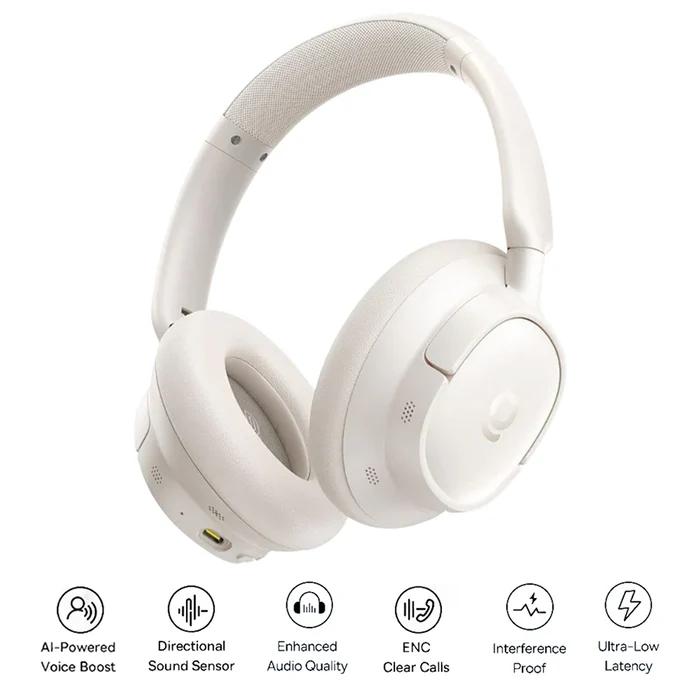 CASTI Baseus Bowie Bass BH1 Lite Wireless Noise Cancelling, over ear, 40mm Dynamic Drivers, autonomie 80 ore, microfon pe casca, conectare prin Bluetooth 6.0, alb "A0203C02" (timbru verde 0.18 lei) - 6953156299290