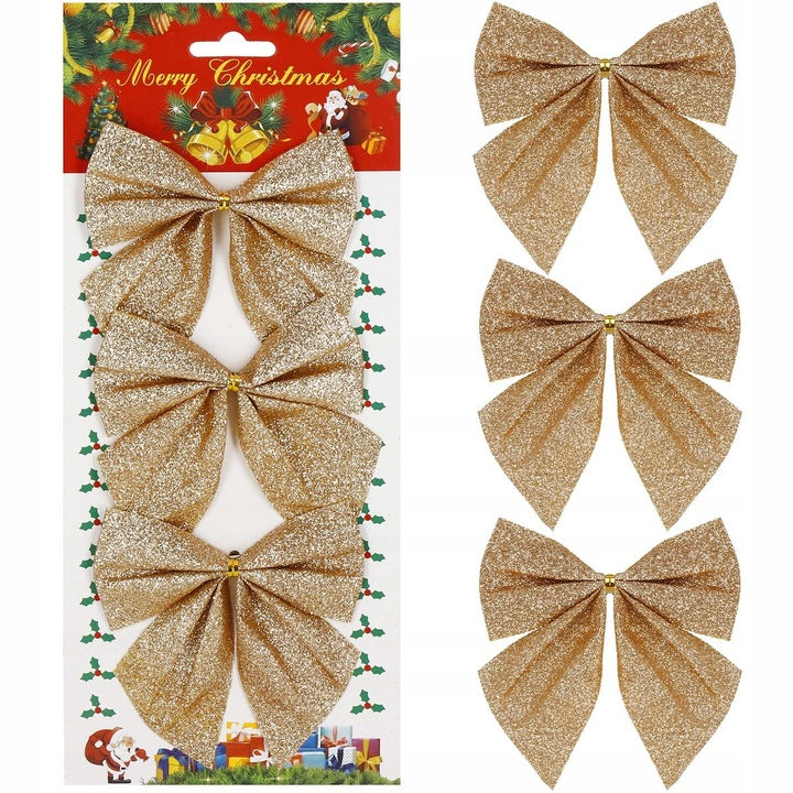 Set 3 ornamente pentru bradul de Craciun, fundita, 11cm, auriu