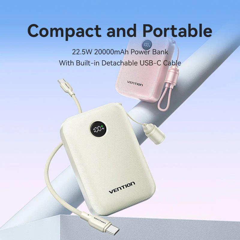 Power Bank Vention 20000mAh Power Bank (USB-C + USB-C/USB-C/USB-A) with Built-in USB-C to USB-C Cable 22.5W Beige LED Display Type , "FKBN0-C" - 6922794791350