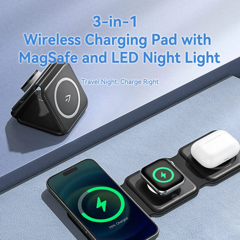Statie incarcare wireless 3in1 Vention, MagSafe, telefon 15W, ceas 2.5W, casti 5W, fast charge, pliabil, magnetic, lumina LED, 1 x USB-C incarcare, negru, "FGGB0" - 6922794783836
