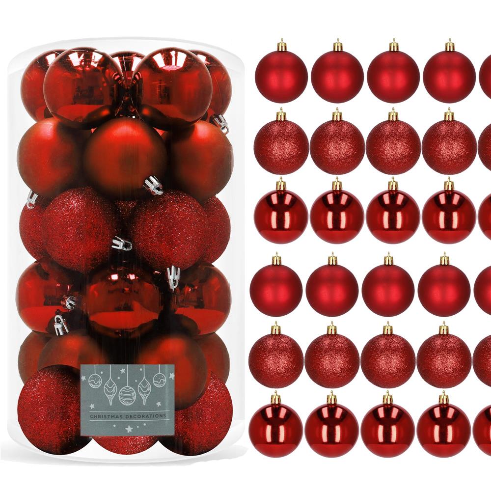 Set globuri de Craciun, 30 bucati, 3 modele, 6cm, rosu
