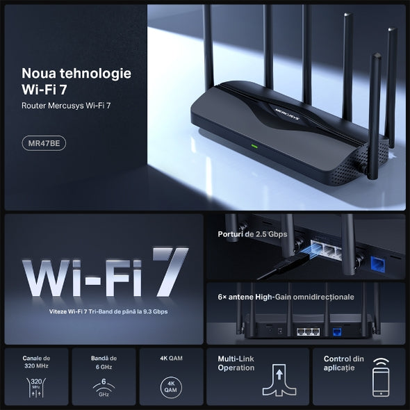 ROUTER MERCUSYS, BE9300, 1× 2.5 Gbps WAN port and 3× 2.5 Gbps LAN, Tri-Band 2.4 / 5 /6 Ghz, Wi-Fi 7, 6 x antene externe, "MR47BE"
