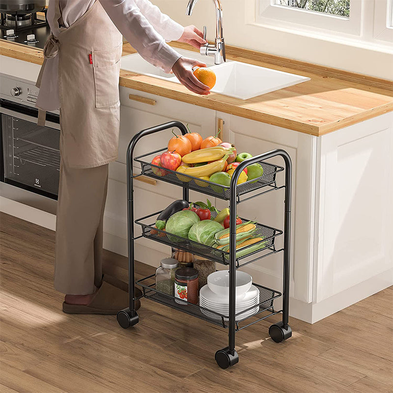 Raft metalic mobil tip carucior pentru bucatarie, 3 polite si 4 agatatori, negru, 44x26x64cm