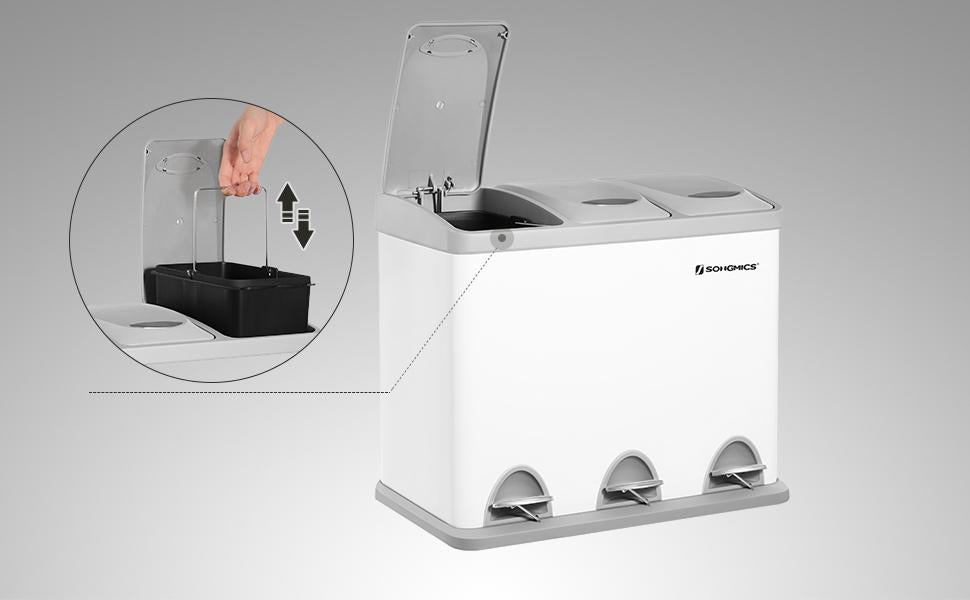 SONGMICS Cos de gunoi din otel cu 3 compartimente colectare selectiva, cu galeti interioare, 3x8litri, alb si gri