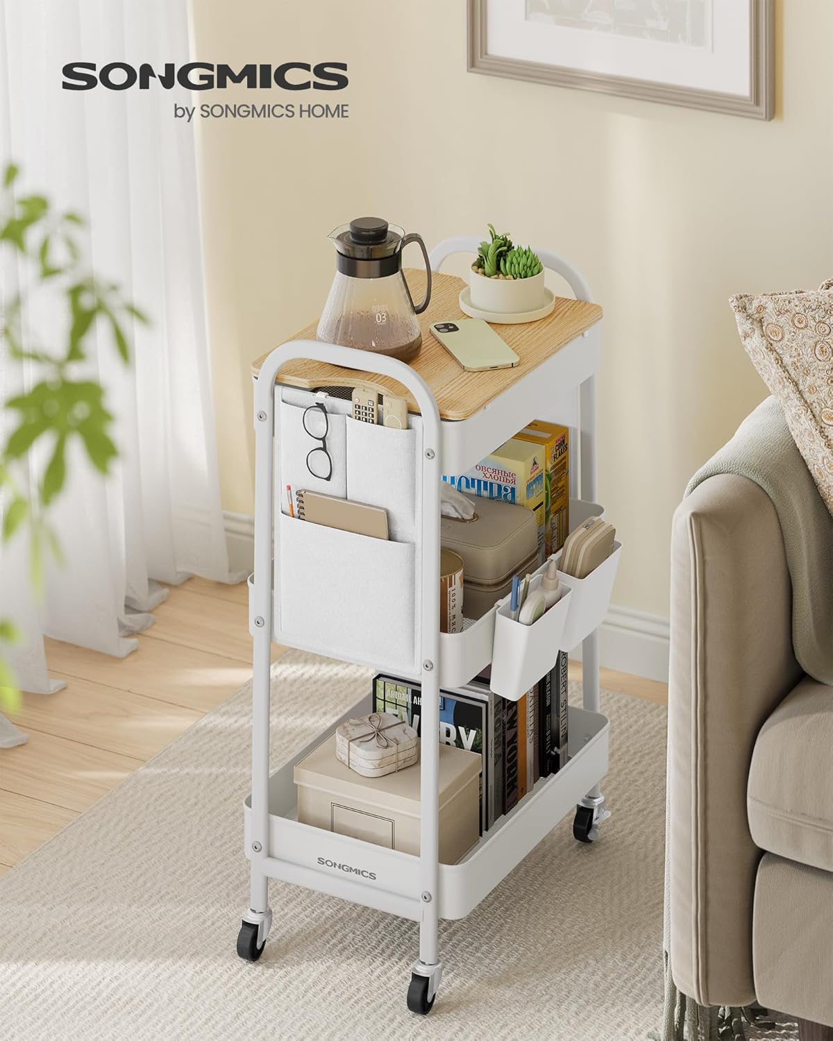 SONGMICS Raft de depozitare mobil tip carucior rulant, pentru baie sau bucatarie, cadru otel cu blat MDF, 31x44x74 cm, alb
