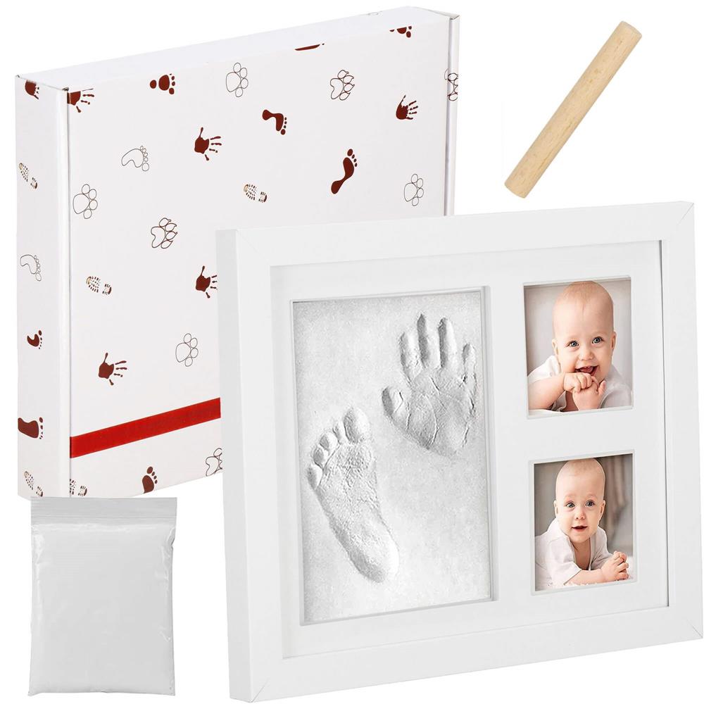 Kit amprenta mulaj manuta sau piciorus bebe si rama foto, 23x28cm, cu cutie de cadou, cadrul alb