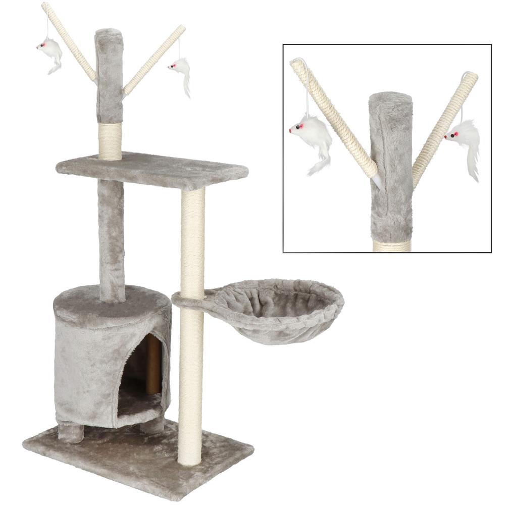 Ansamblu de joaca pentru pisici, cu loc pentru zgariat, ascuns, culcus, soricei, 108cm, gri