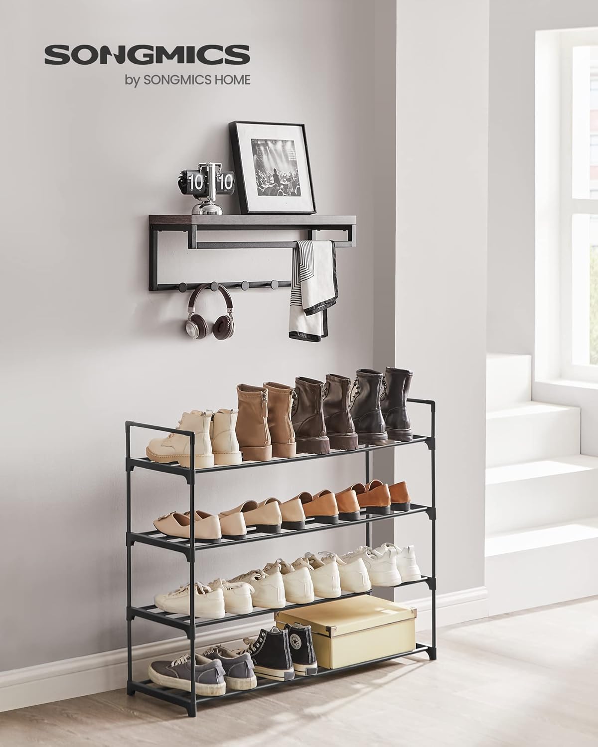 SONGMICS Suport pentru pantofi cu 4 nivele, structura metalica, pentru 16-20 perechi, 92x30x74 cm, negru