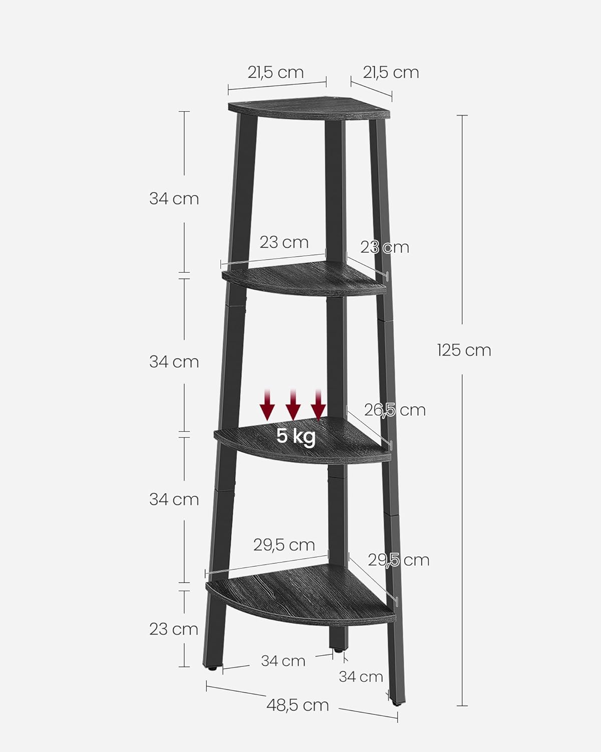VASAGLE Raft de colt cu 4 etaje, tip biblioteca, cadru metal si polite lemn, 34x34x125 cm, negru - 2