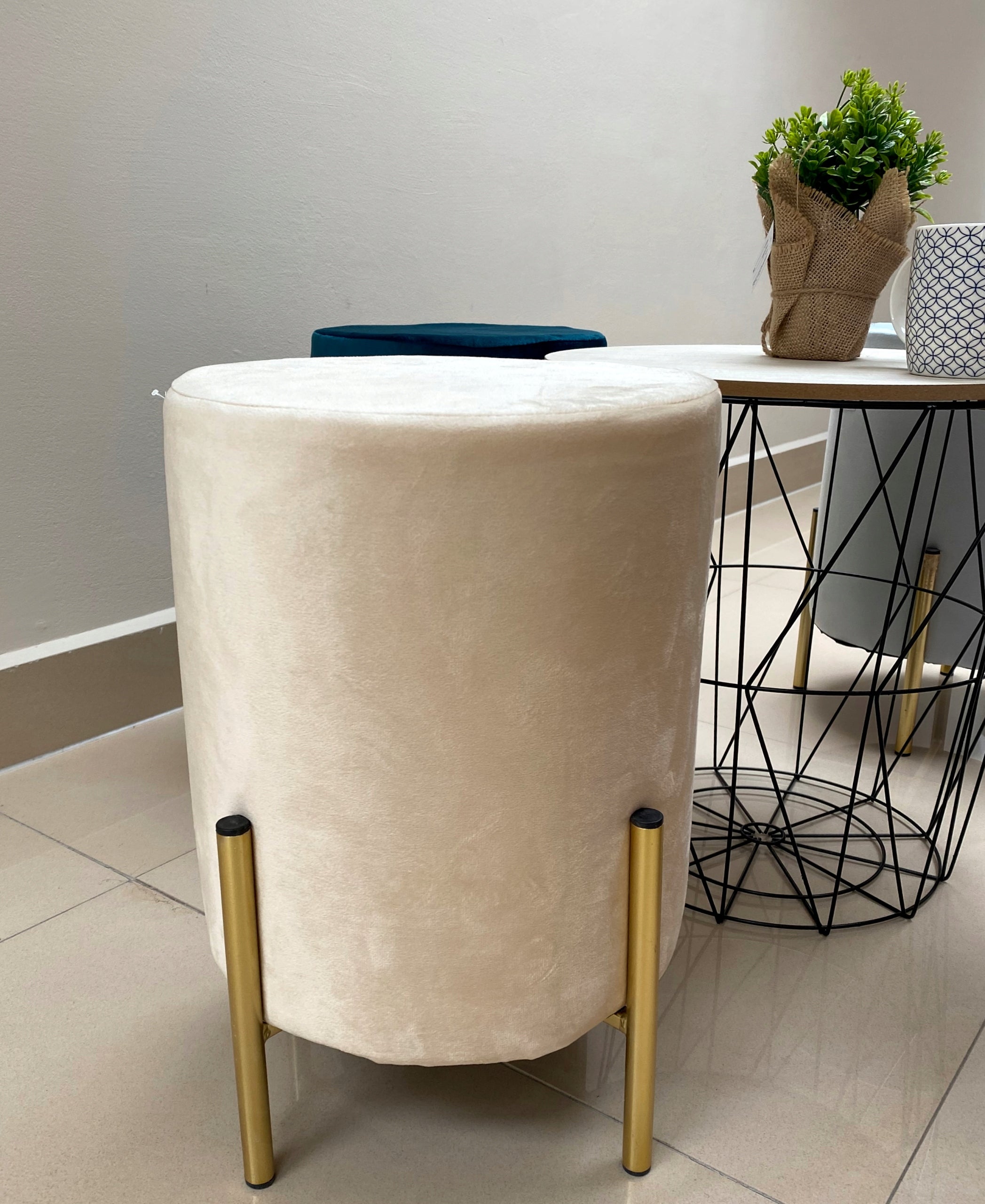 Taburet rotund, tapitat cu stofa, picioare otel, sarcina 100kg, 28x42cm, albastru