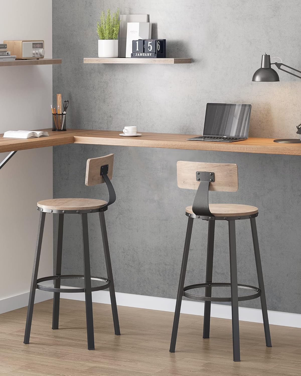 VASAGLE Set de 2 scaune de bar inalte cu spatar, cadru din otel, industrial, 54x99cm, gri stejar - 2