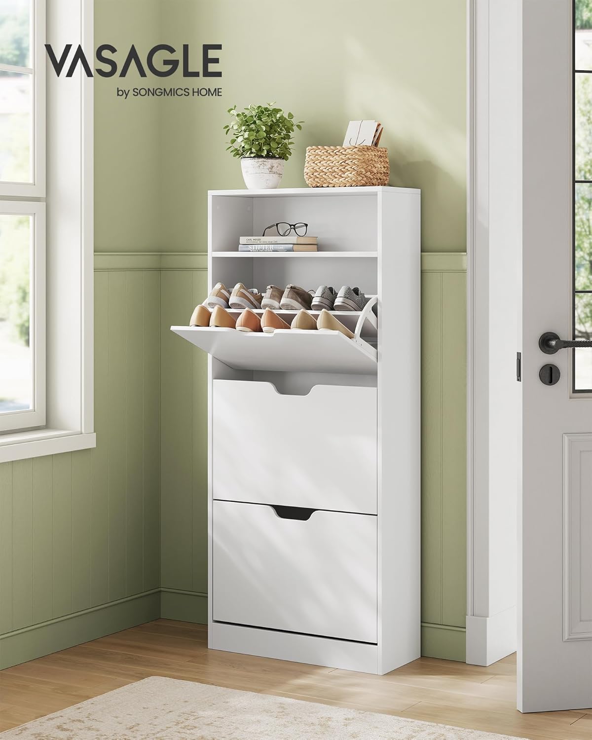 VASAGLE Dulap pantofi cu 3 usi rabatabile, pentru 14-18 perechi, 60x24x130 cm, alb