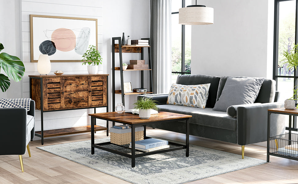 Biblioteca tip scara, cadru otel cu 4 polite din MDF, stil industrial, 56x34x138cm, maro rustic si negru