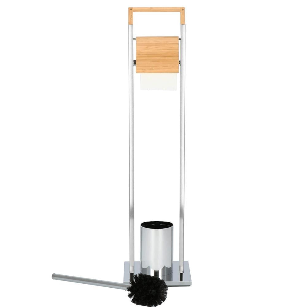 Stand cu perie WC si suport hartie igienica, inox si bambus, 75cm, argintiu