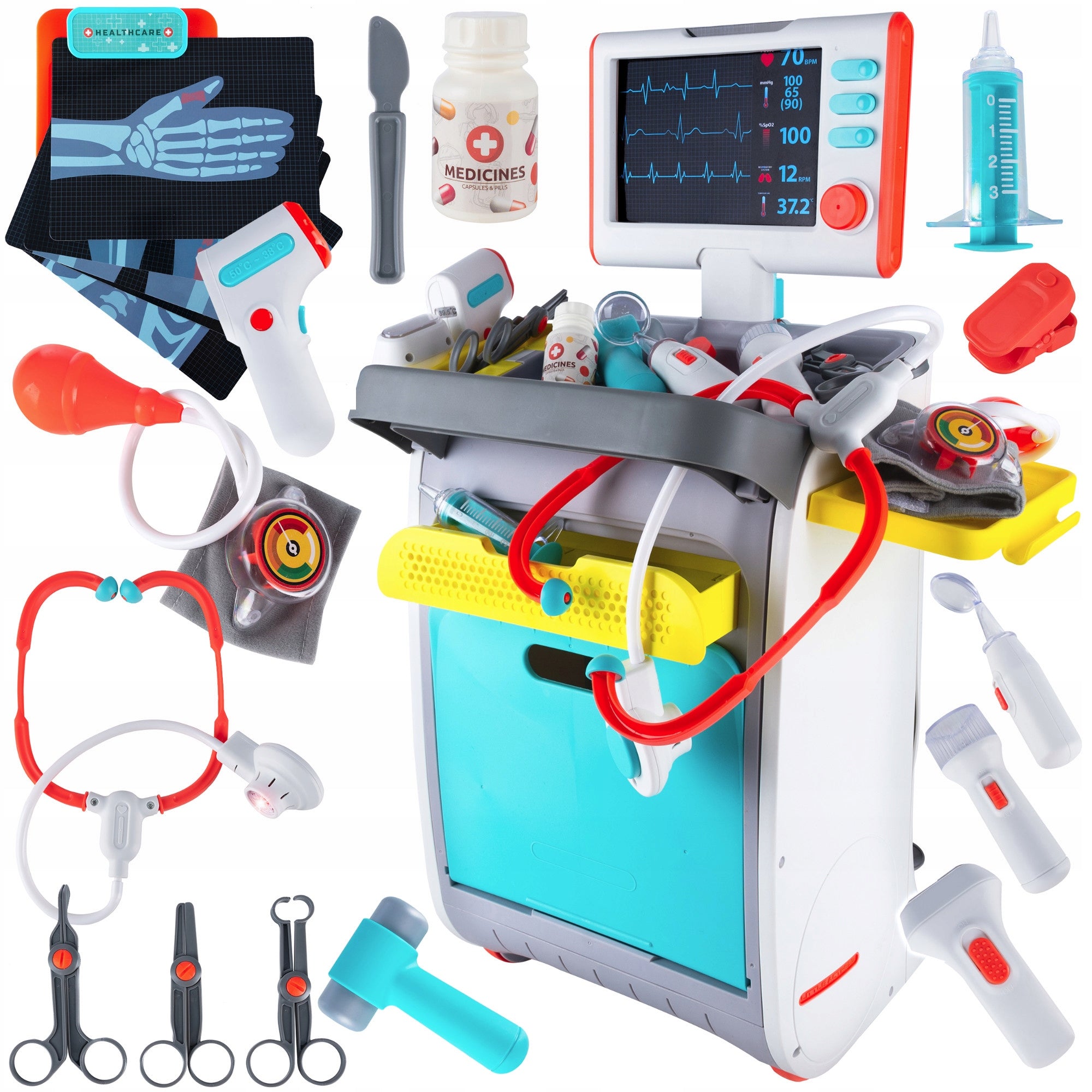 Set de joaca, carucior medical cu aparatura si instrumente, cu sunete si lumini