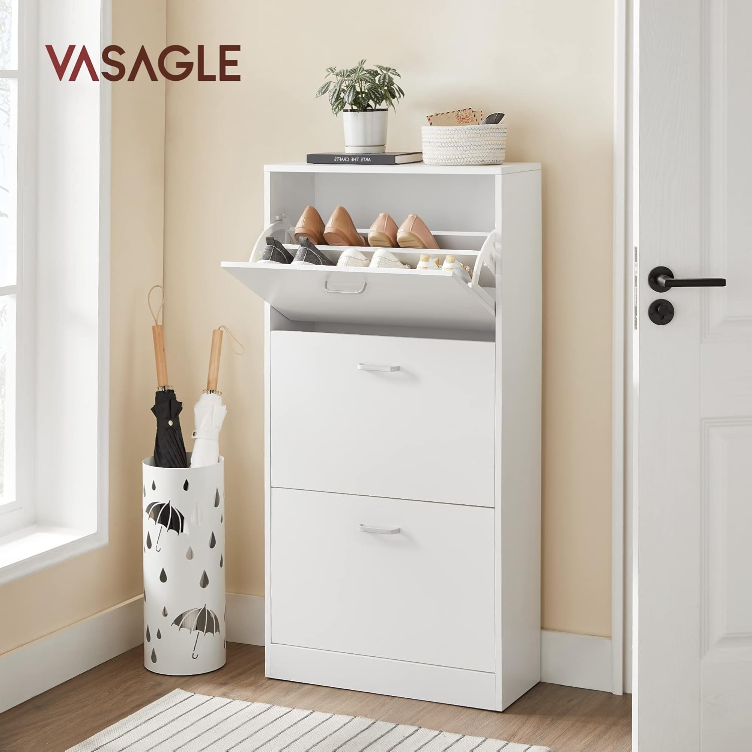 VASAGLE Dulap pantofi cu 2 usi rabatabile, pentru 12-18 perechi, 60x24x120 cm, alb