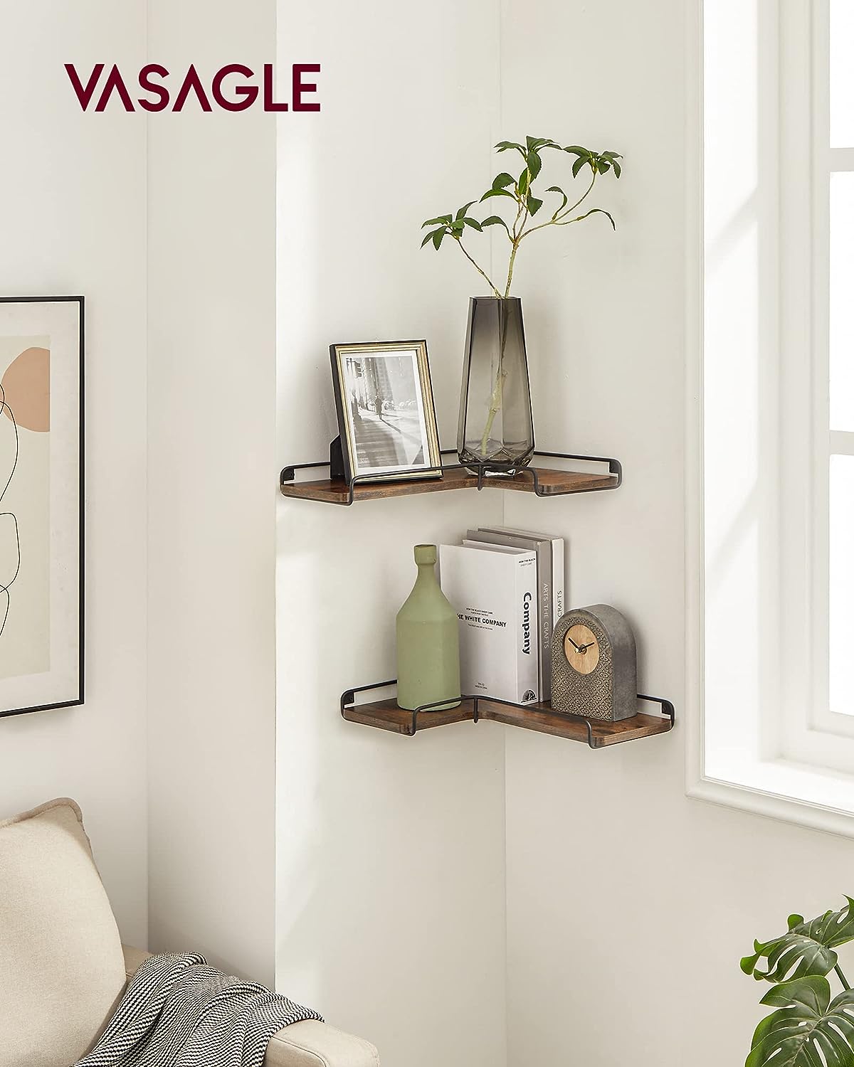 Set de 2 rafturi plutitoare de colt in forma de L, stil industrial, 40x29x14cm, maro rustic și negru