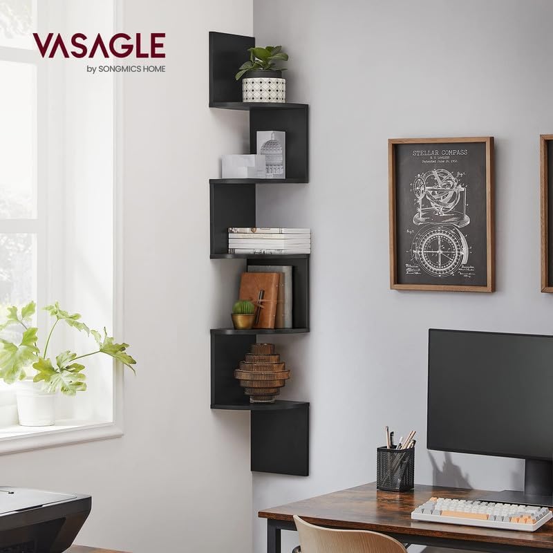VASAGLE Raft de colt plutitor pe 5 niveluri, din lemn, 20x20x128cm, negru