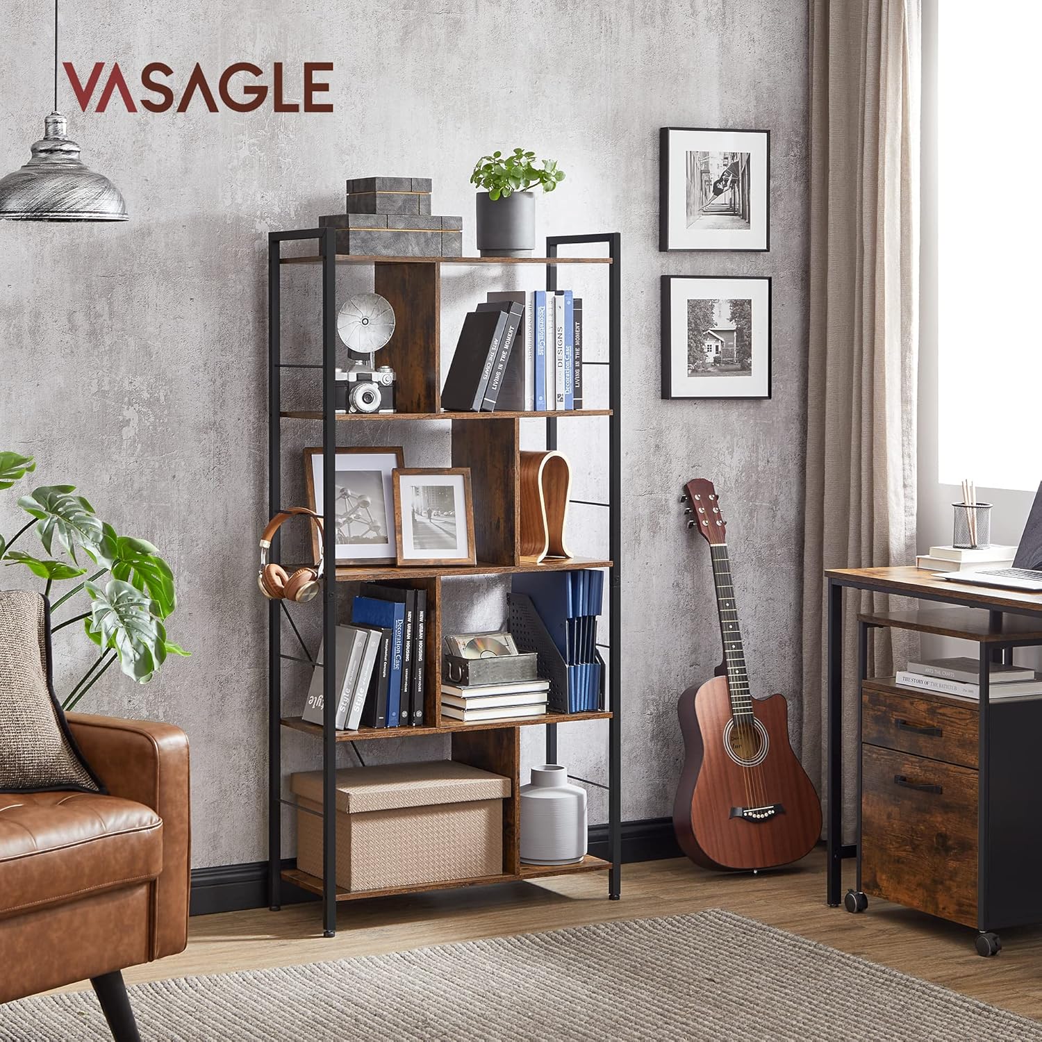 VASAGLE Biblioteca din lemn cu 5 nivele, stil industrial, 30x74x150cm, maro rustic