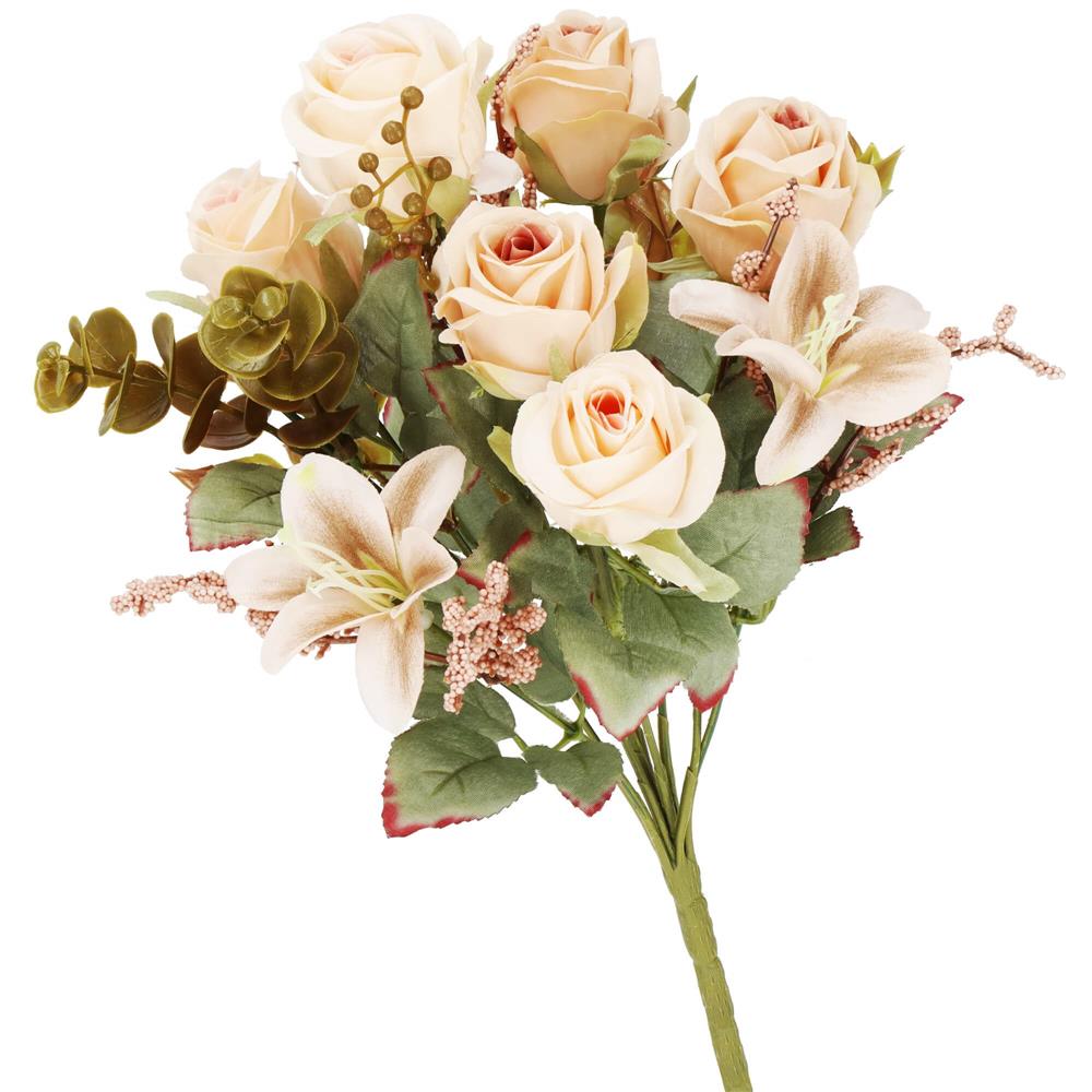 Buchet de flori artificiale din poliester, 10 fire trandafiri si crini, 37cm, crem
