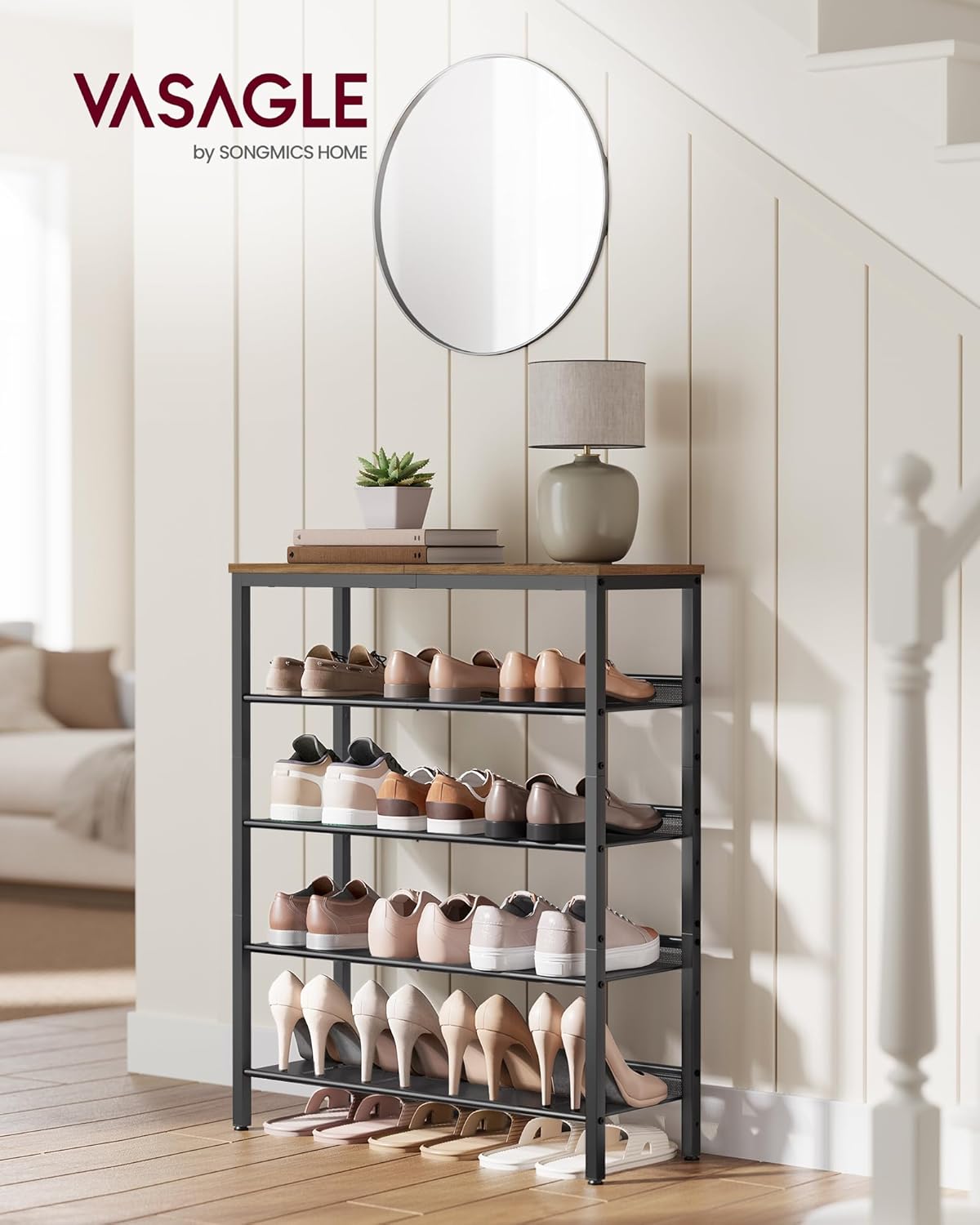 VASAGLE Raft de pantofi, 5 nivele reglabile din plasa, pentru 12-16 perechi, 75x28x93 cm, maro rustic