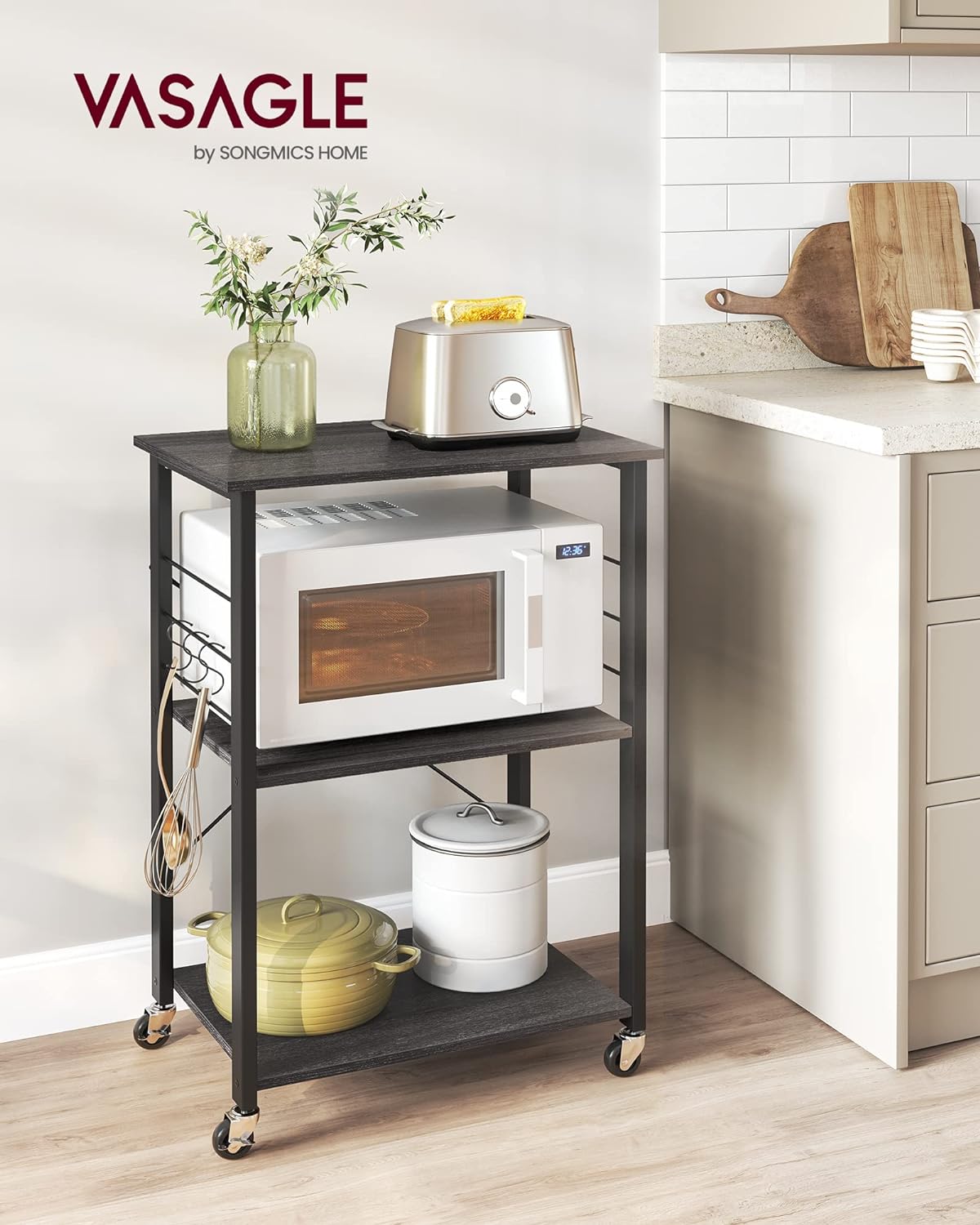 VASAGLE Raft de bucatarie pe roti, carucior de servire cu 3 rafturi, cadru metalic, 40x60x89 cm, design industrial, negru - 2