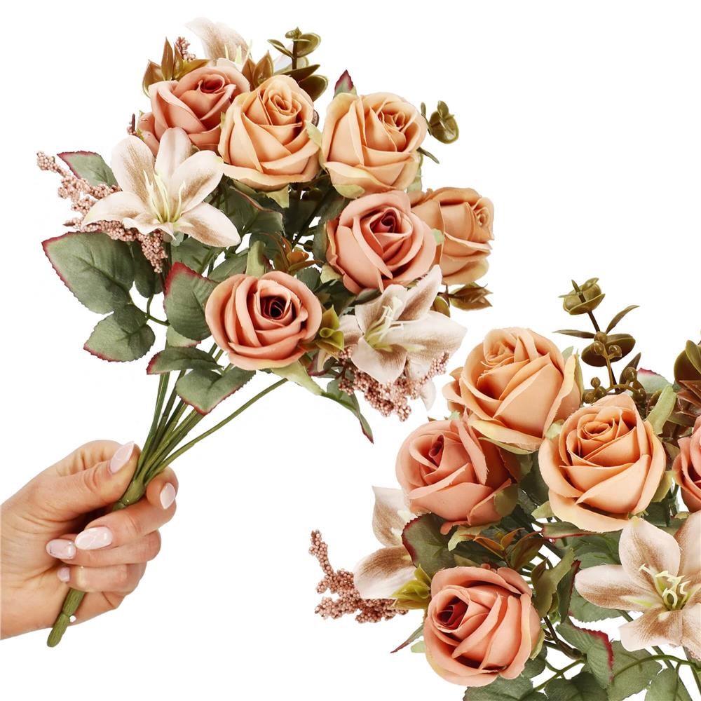 Buchet de flori artificiale din poliester, 9 fire trandafiri si crini, 37cm, roz