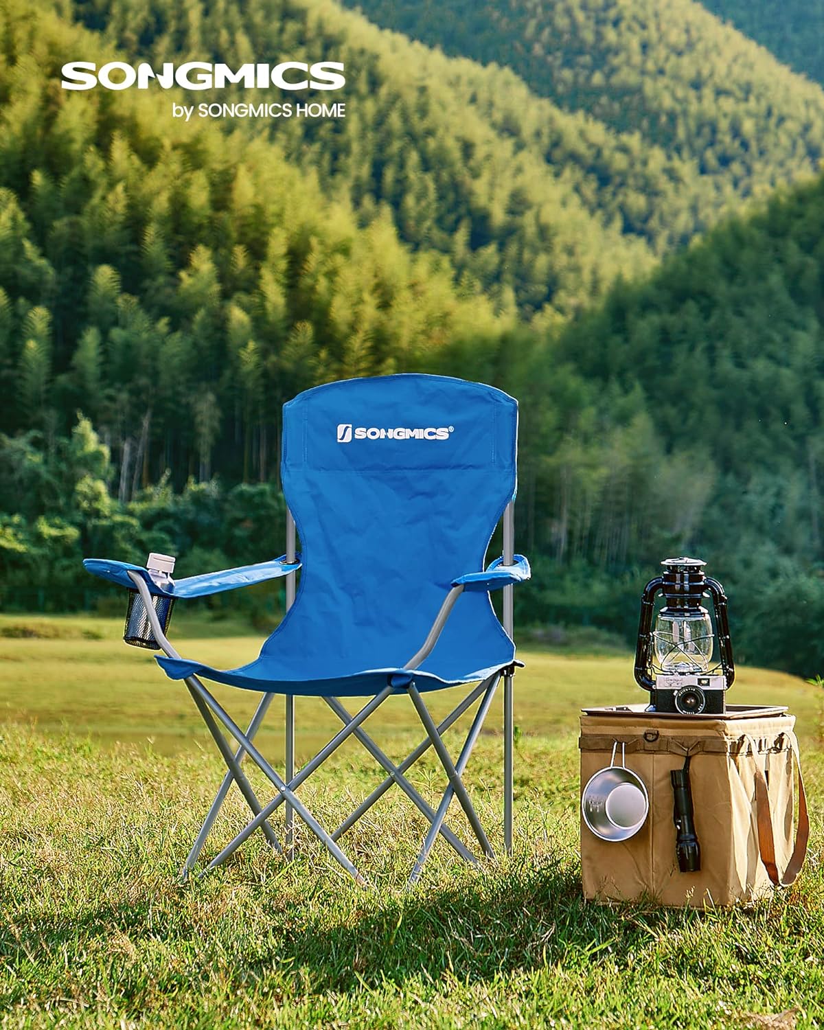 SONGMICS Set 2 scaune pliabile de camping sau pescuit, suport pahar, maxim 150kg, albastru