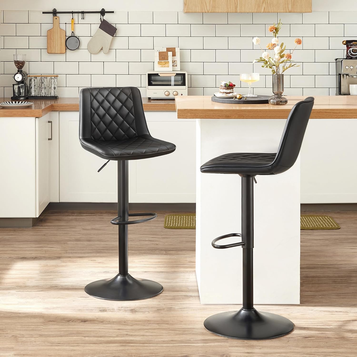 SONGMICS Set de 2 scaune de bar, cu spatar, reglabile in inaltime, tapitat cu PU, 47x51x(89-109)cm, negru - 7
