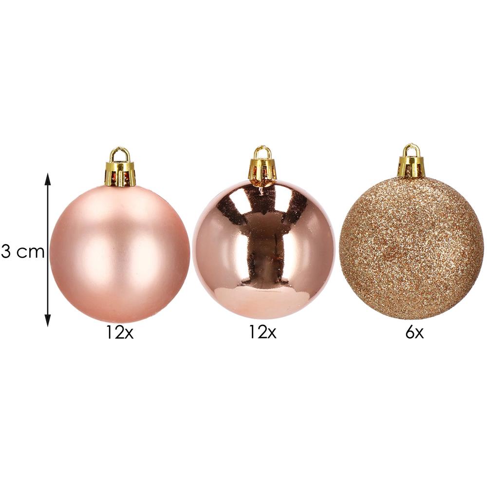 Set globuri de Craciun, 30 bucati, 3 modele, 3cm, roz auriu