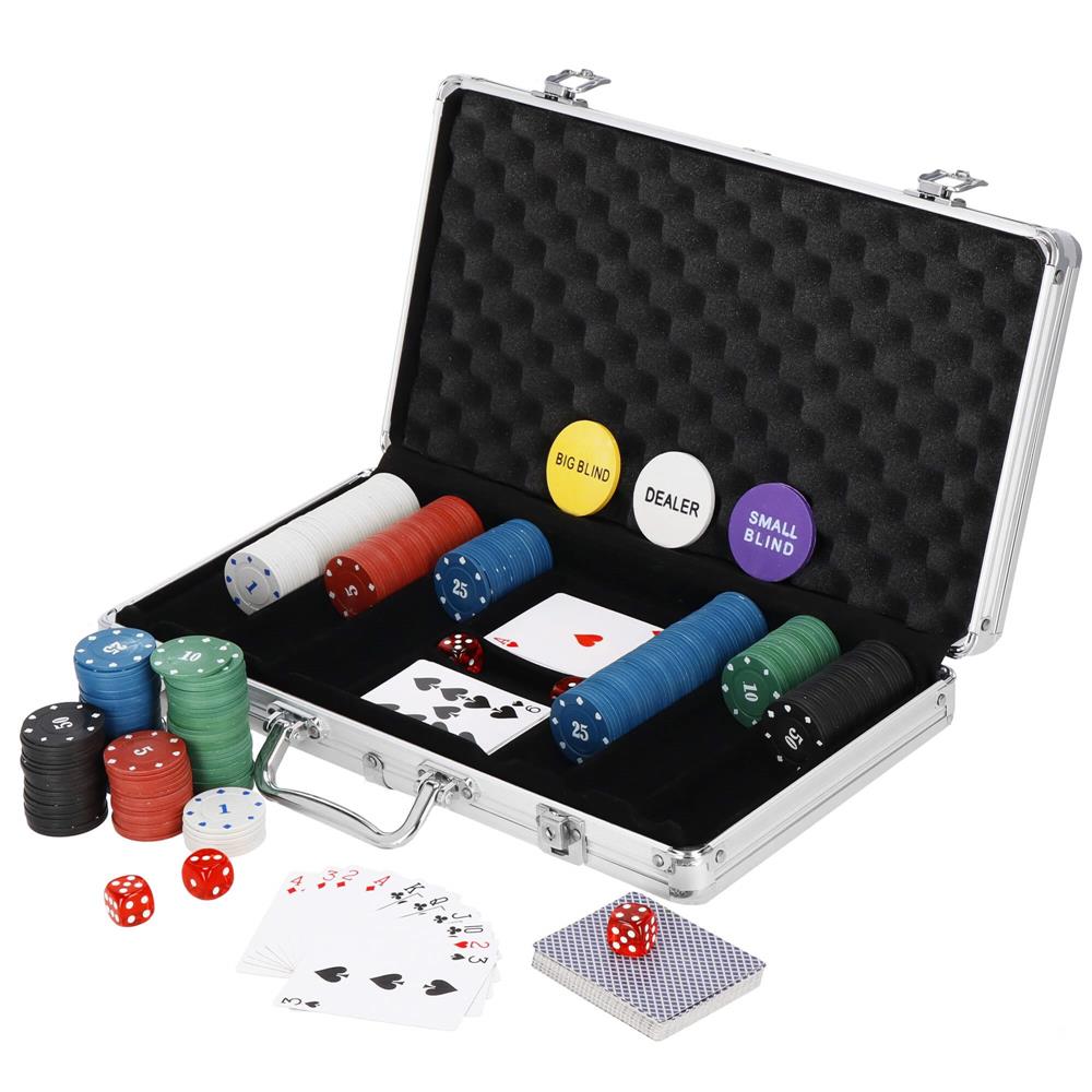 Set de Poker Complex cu 300 de jetoane, 2 seturi de carti, 5 zaruri, in servieta aluminiu