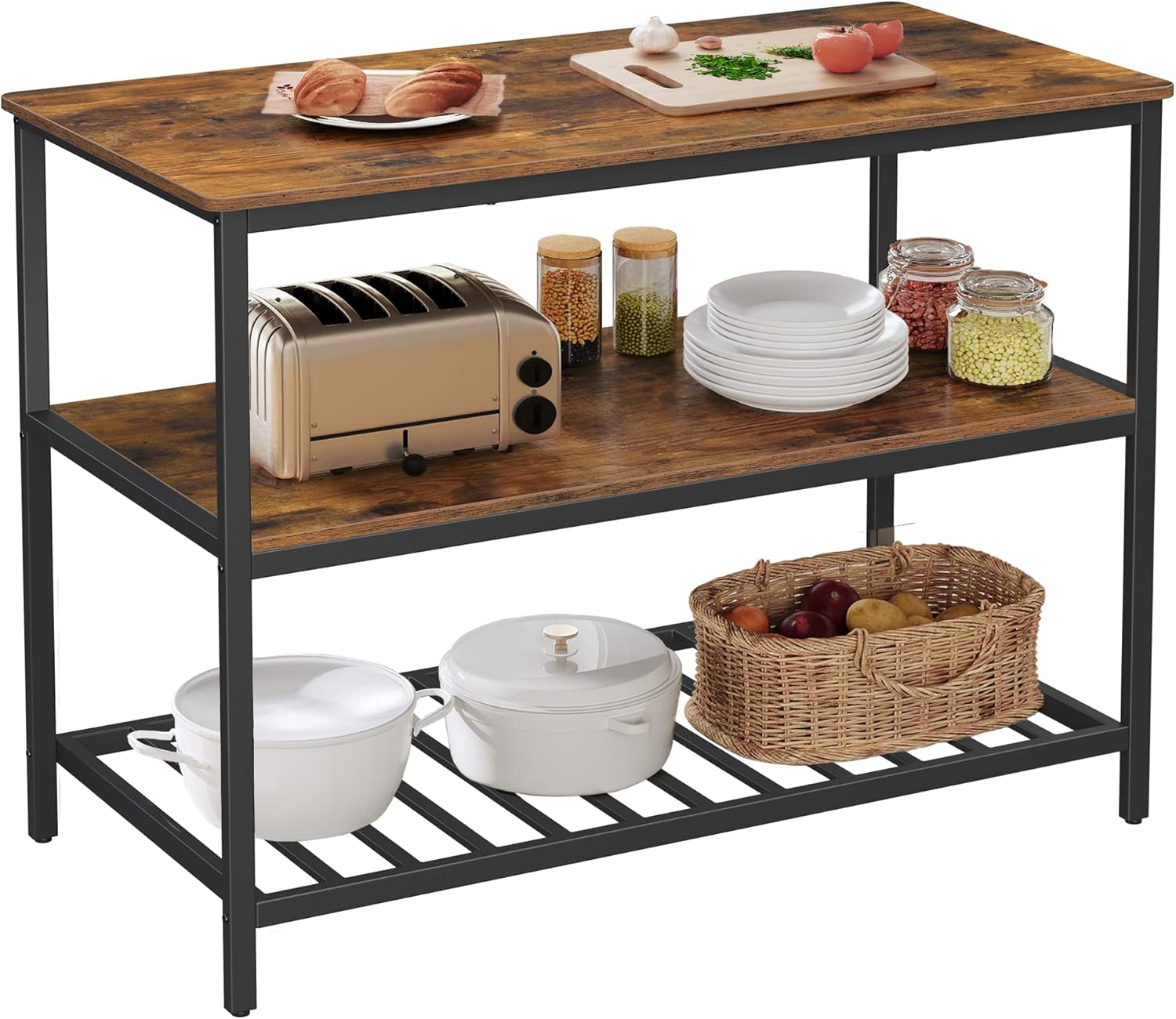 VASAGLE Raft de bucatarie tip insula, cadru de otel cu 3 nivele, stil industrial, 60x120x90cm, maro - 3