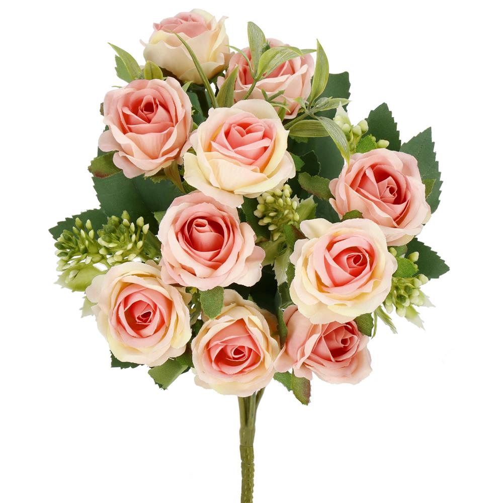 Buchet de flori artificiale din poliester, 10 fire trandafiri, 29cm, roz
