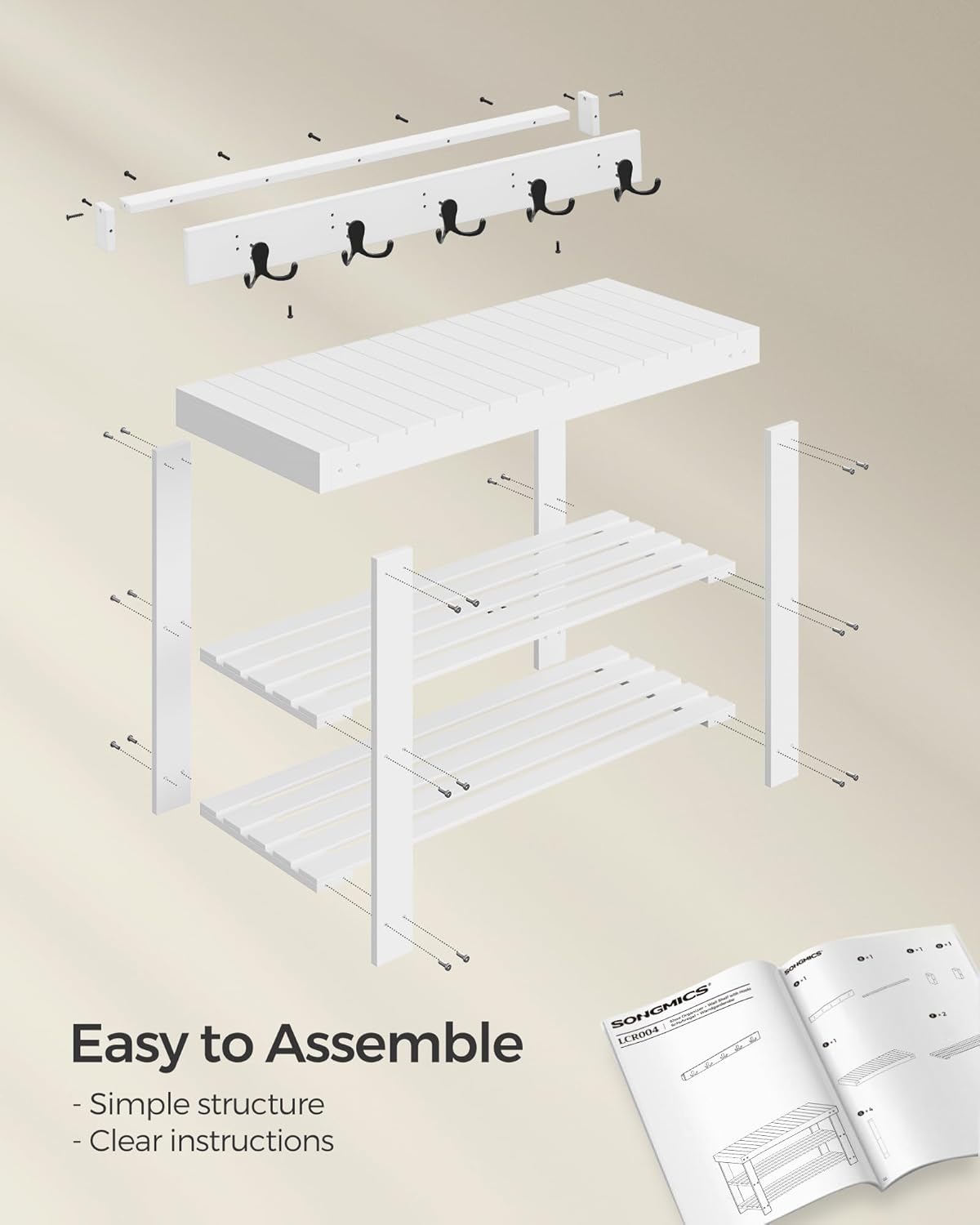 SONGMICS Set multifunctional pentru hol cu banca pentru pantofi si cuier, din bambus, 29x70x45 cm, alb