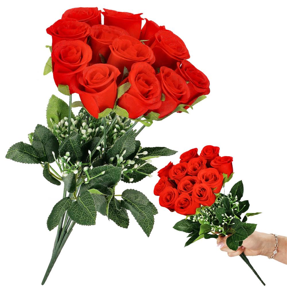 Buchet de flori artificiale din poliester, 12 fire trandafiri, 38cm, rosu