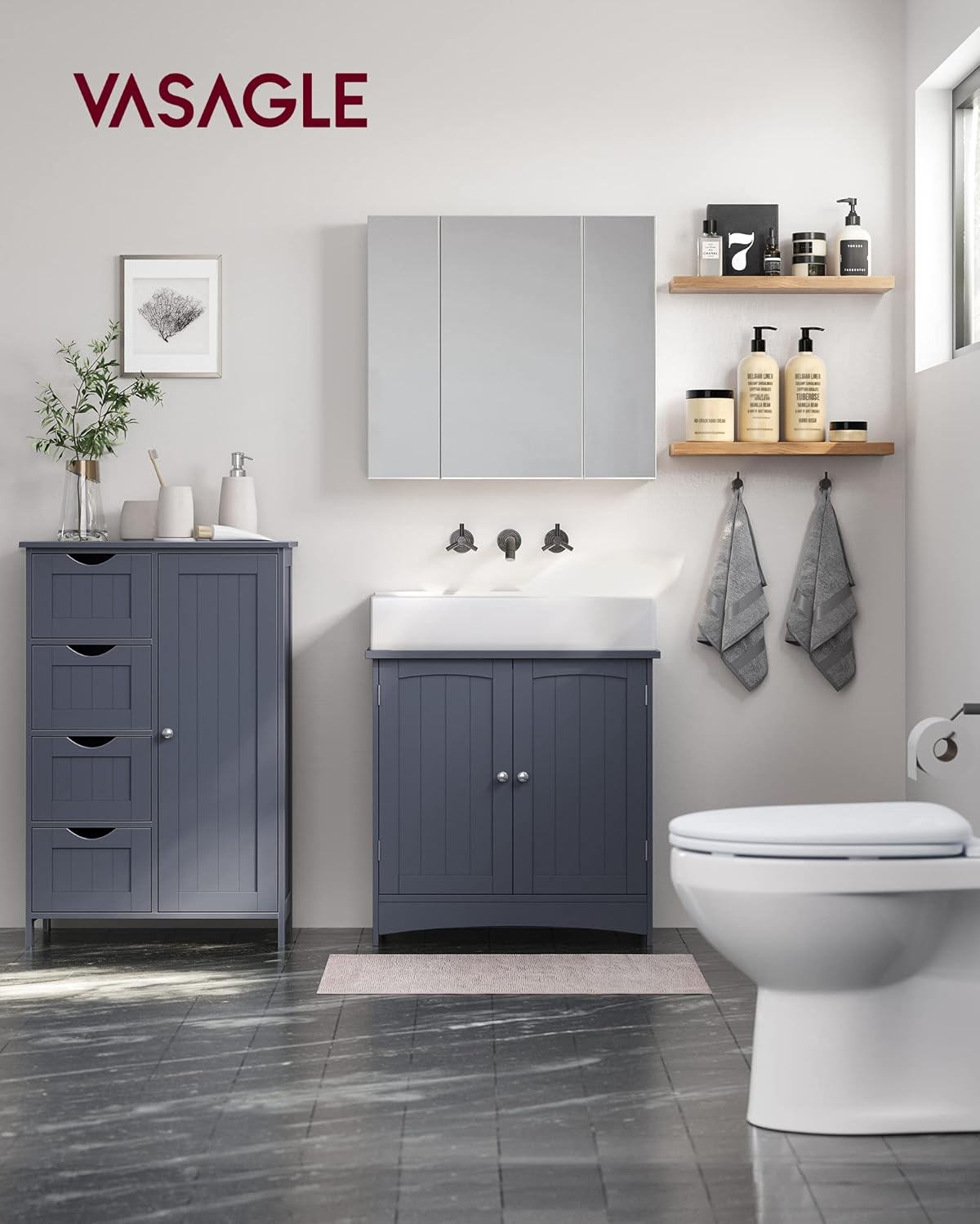 VASAGLE Dulap de baie, din MDF, cu 4 sertare, raft reglabil, 30x55x82 cm, gri