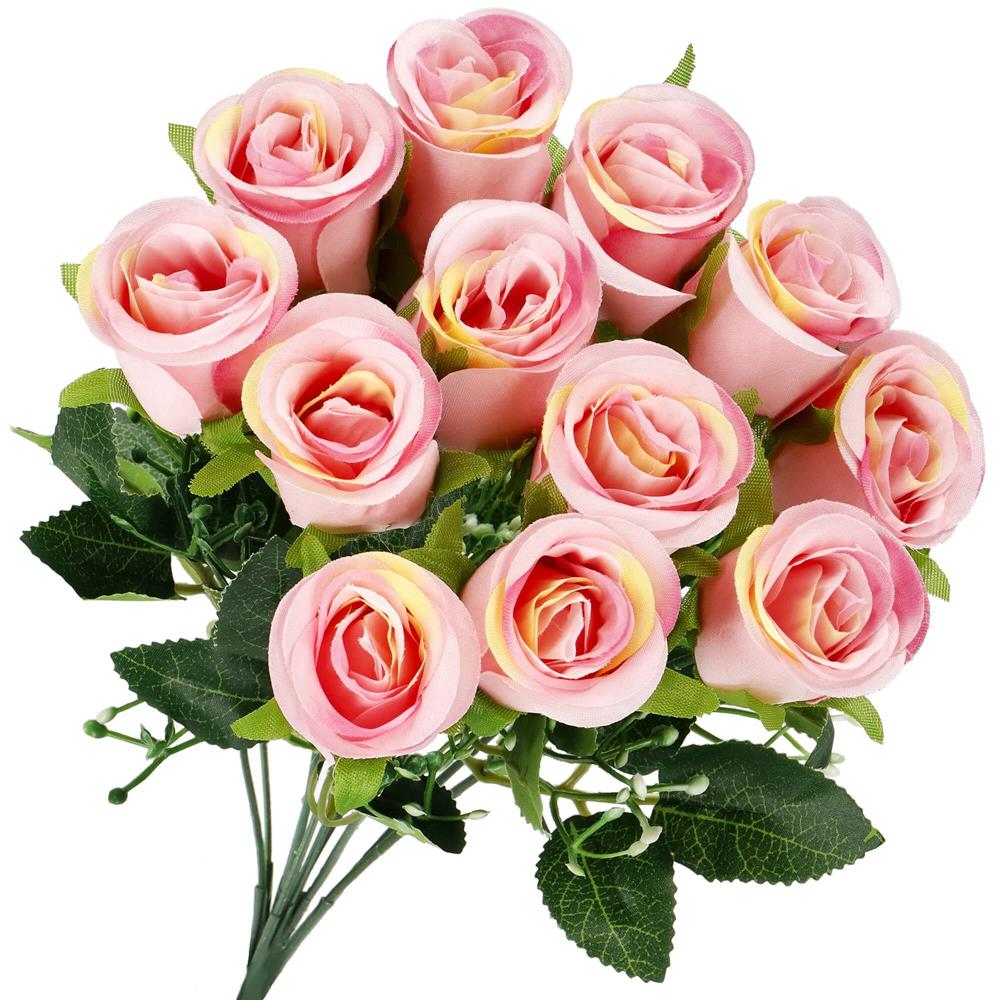 Buchet de flori artificiale din poliester, 12 fire trandafiri, 38cm, roz - 3